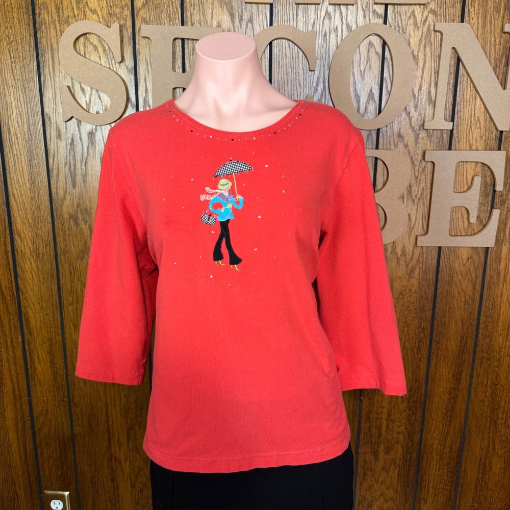 Red Retro Graphic Top Alfred Dunner Women L Y2K Kitschy Whimsical Novelty Top